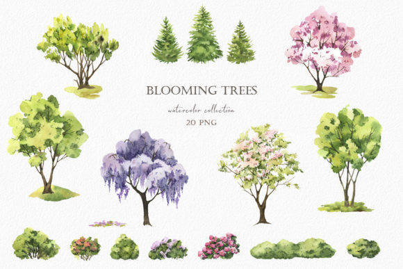 Watercolor Blooming Trees Clipart